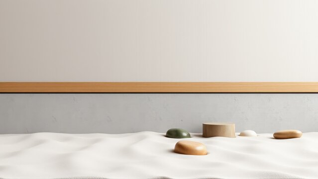 Minimalist scene. Wooden shelf above textured surface. Soap stones scattered on white fabric. Soft lighting, neutral tones, calm aesthetic.