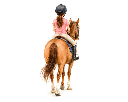 Female Equestrian Riding a Horse from Behind, Horseback Riding Illustration, Hand Painted Watercolor