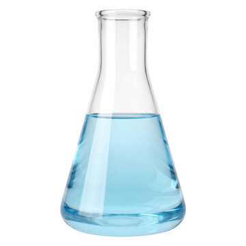 Glass erlenmeyer flask with blue liquid for science experiment