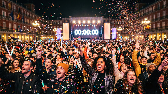 Cheerful crowd celebrating New Year's Eve countdown with confetti in city square