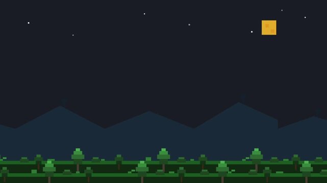 Night Pixel Landscape with Forest and Moon in Motion.