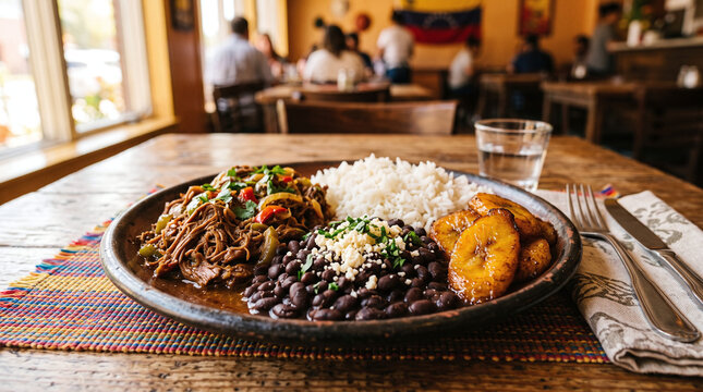 Traditional Venezuelan pabellon criollo with shredded beef rice and beans