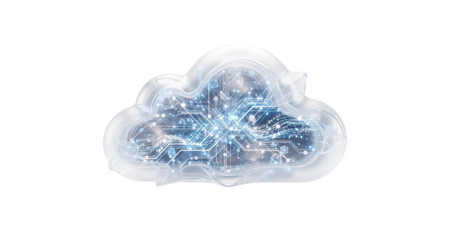 Futuristic cloud computing icon with digital circuit patterns. Blue glowing network data cloud on white background. High-tech storage concept.