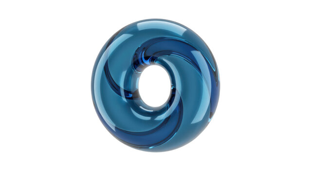 Translucent blue glass torus shape with internal swirling patterns and smooth reflective surfaces isolated on a transparent background
