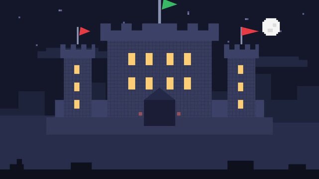 Nighttime castle scene with lit windows and flags.