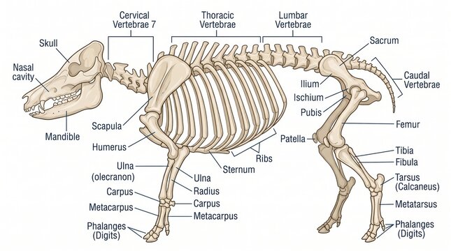 Comprehensive pig skeletal anatomy diagram showing detailed labeled bone structures