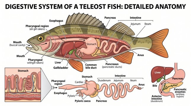 Detailed anatomy diagram illustrating the teleost fish digestive system organs