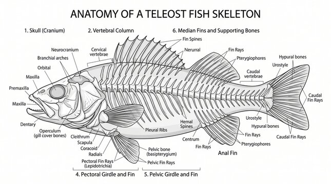 Detailed anatomy of a teleost fish skeleton scientific diagram illustration on white