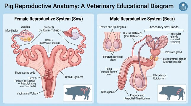Pig reproductive anatomy veterinary educational diagram detailing female and male systems