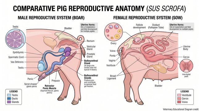 Detailed comparative pig reproductive anatomy diagram showcasing male and female systems