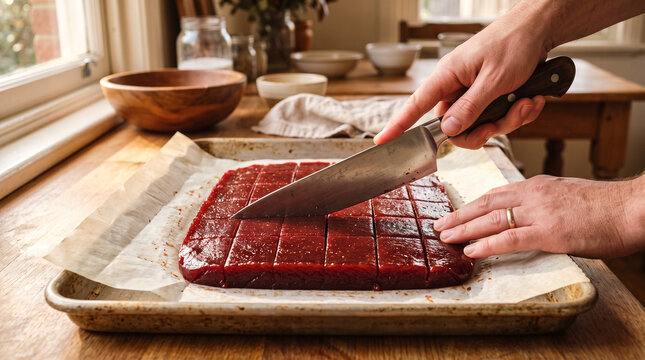 Man slicing homemade red quince paste membrillo into squares in rustic kitchen