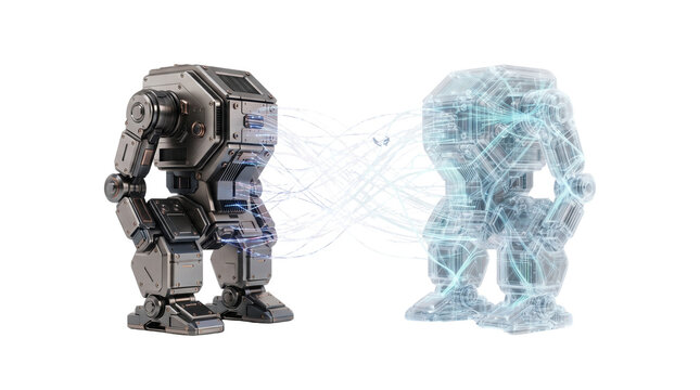 Futuristic combat mech with digital hologram twin, robotic armored walker and glowing blue wireframe avatar, sci-fi war machine concept