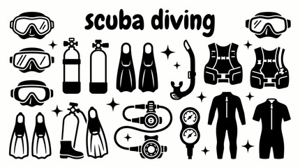 Fototapeta premium scuba diving equipment featuring diving masks oxygen tanks fins snorkels buoyancy control devices regulators underwater gauges wetsuits and safety marine adventures diving schools travel tourism