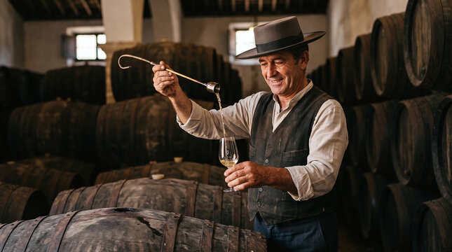 Traditional Spanish venenciador pouring sherry wine from barrel in a cellar