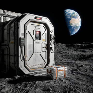 Moon base habitat with delivery box and Earth in background
