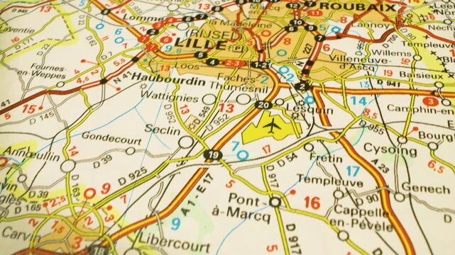 road network leading to lille and roubaix, france, gliding view over atlas