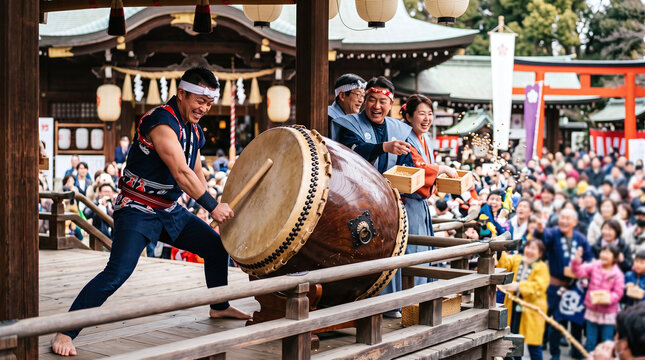 Energetic Taiko drummer and bean throwing during Setsubun festival at shrine