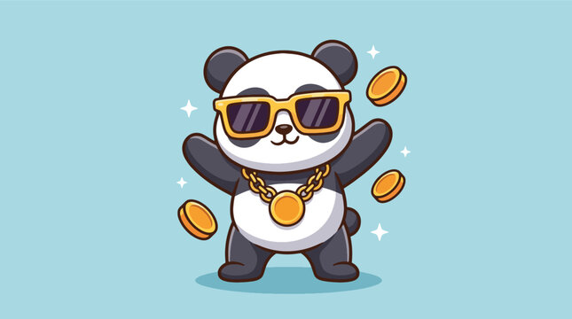 Cool cartoon panda character wearing gold sunglasses and a thick gold chain with floating coins.