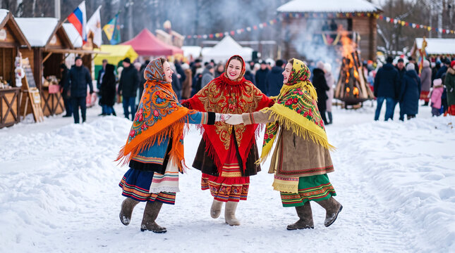Russian women in traditional costumes dancing at Maslenitsa winter festival
