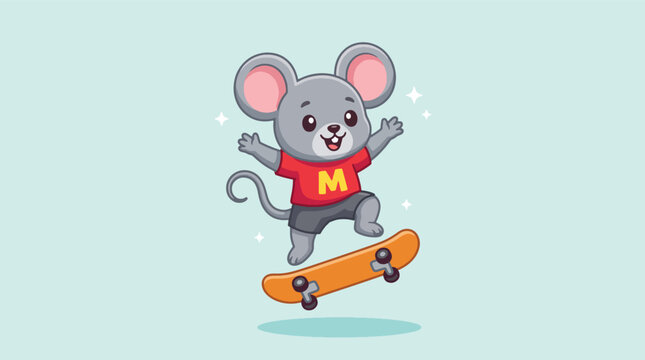 Cute cartoon mouse riding an orange skateboard wearing a red shirt with yellow letter M.