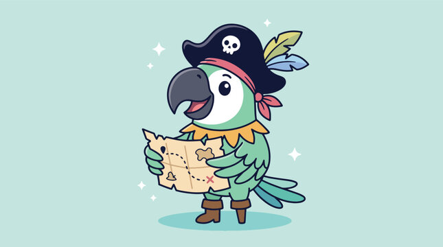Cute cartoon pirate parrot character holding a treasure map wearing a pirate hat and peg leg.
