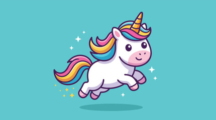 Fototapeta premium Cute cartoon unicorn jumping with colorful rainbow mane and horn illustration.