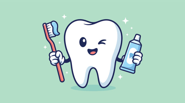 Cute cartoon tooth character holding a toothbrush and toothpaste tube winking happily.