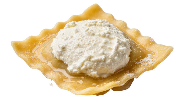 Golden ravioli filled with creamy ricotta cheese and drizzled with honey, isolated on transparent background