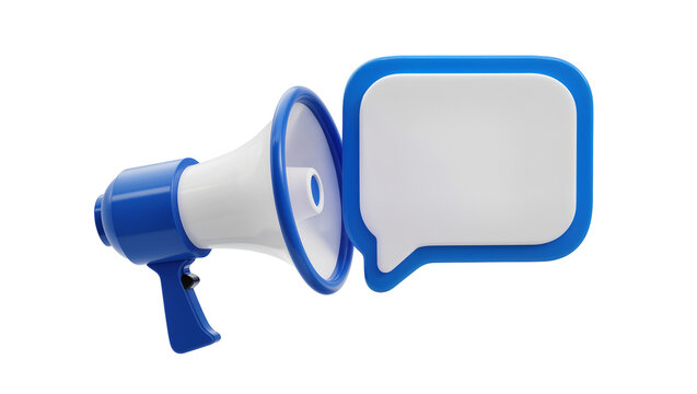 Blue and white megaphone emitting a speech bubble, isolated on transparent background