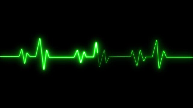 Green neon heartbeat ekg pulse monitor line on black background, for medical and, technology concepts