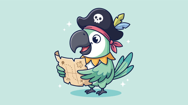 Happy cartoon pirate parrot holding a treasure map ready for adventure.