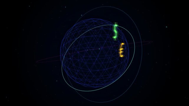 Global Digital Finance: A 3D animation of a blue wireframe globe with a glowing green dollar sign orbiting it in dark cyberspace, representing the international economy, digital currency, and global f