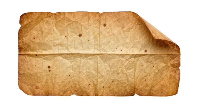 Crinkled aged parchment paper with dark spots, isolated on transparent background