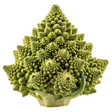 Fresh romanesco broccoli head with intricate fractal spiral patterns and vibrant green texture isolated on a transparent background