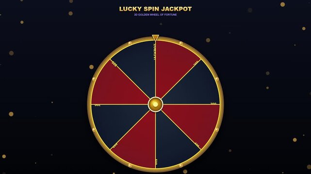 3D Golden Wheel of Fortune Spinning and Stopping on Jackpot Sector with Confetti Explosion