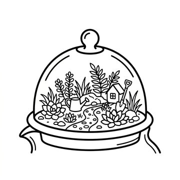 Elegant Blackline Illustration of a Glasshouse with Indoor Plants and Tiny Cottage.