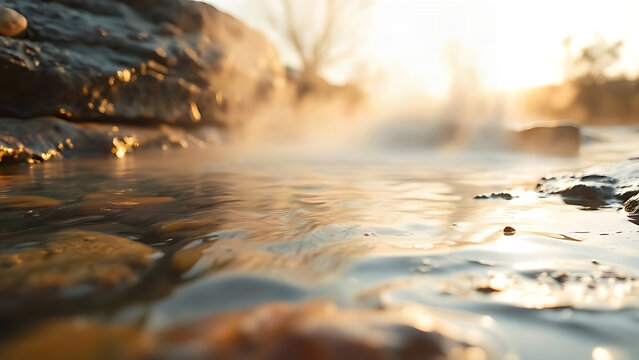 A natural hot spring with warm steam rising over smooth rock pool edges in soft morning light.