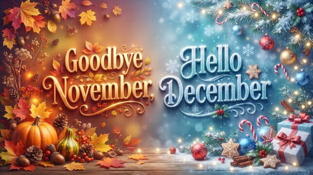 Seasonal transition background with goodbye november and hello december text featuring autumn and winter themes