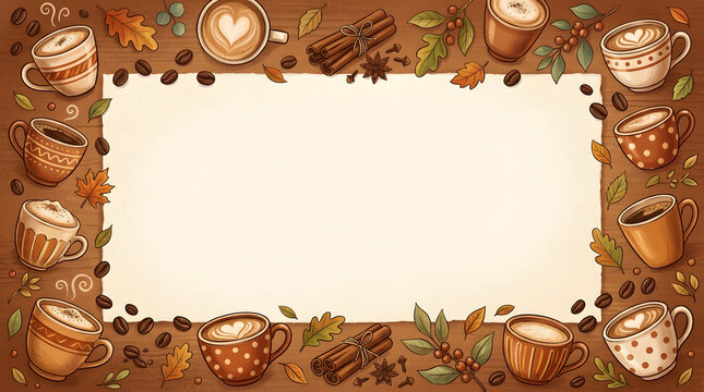 Autumn coffee frame with latte art cups and cinnamon sticks, cozy fall cafe border on wooden background, seasonal coffee shop menu template