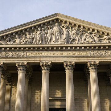 Eglise de la Madeleine pediment featuring the Last Judgment sculpture and Corinthian columns