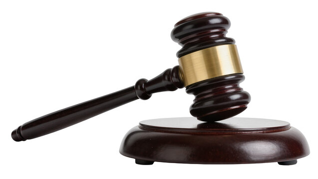 Dark polished wood gavel with brass band, isolated on transparent background