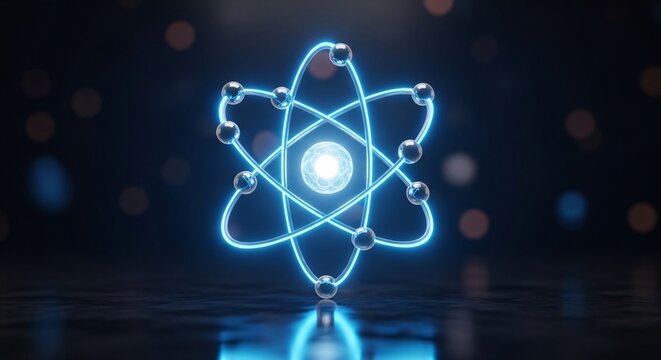 Futuristic glowing atom model with illuminated electrons orbiting a central nucleus representing scientific innovation and atomic structure for educational and technological themes
