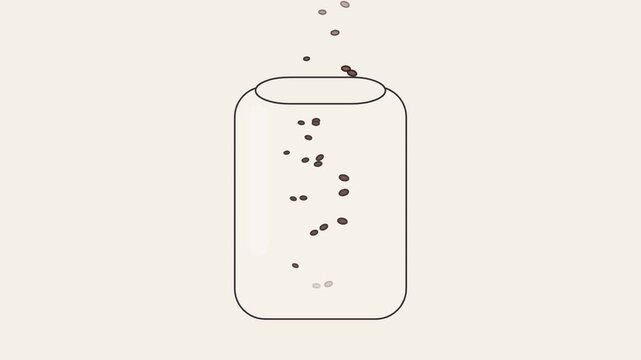 Small dark seeds falling into a glass jar on cream background