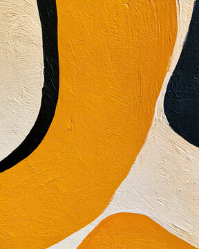 Abstract painting with bold orange and black curved forms