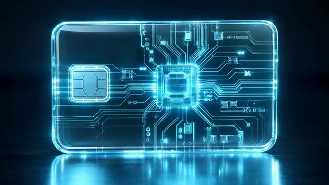 Futuristic digital card chip circuit technology cyber data security payment finance glowing smart card data network cyber security innovation