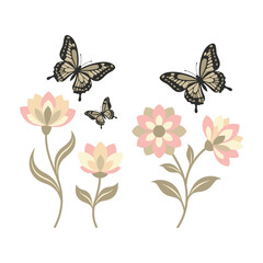Fototapeta premium Butterflies flying around pink and yellow flowers in garden nature scene