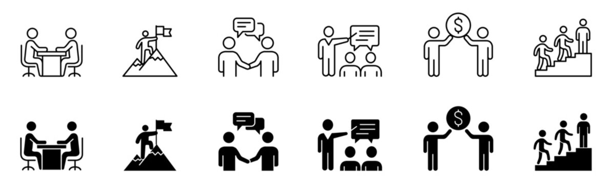 Business teamwork and corporate success vector icon set featuring meeting, presentation, partnership, and career growth symbols in line and filled styles.
