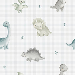Watercolor cute dinosaurs seamless pattern on plaid background. Nursery dino background for kids. © Tetiana Kravchenko