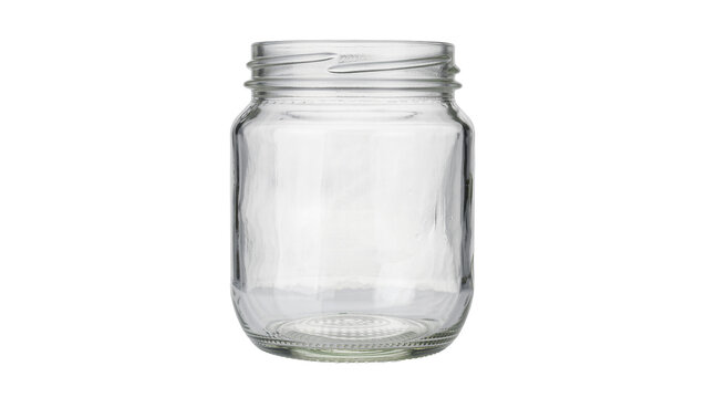 Empty clear glass mason jar with threaded neck, isolated on transparent background