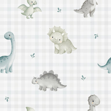 Watercolor cute dinosaurs seamless pattern on plaid background. Nursery dino background for kids.